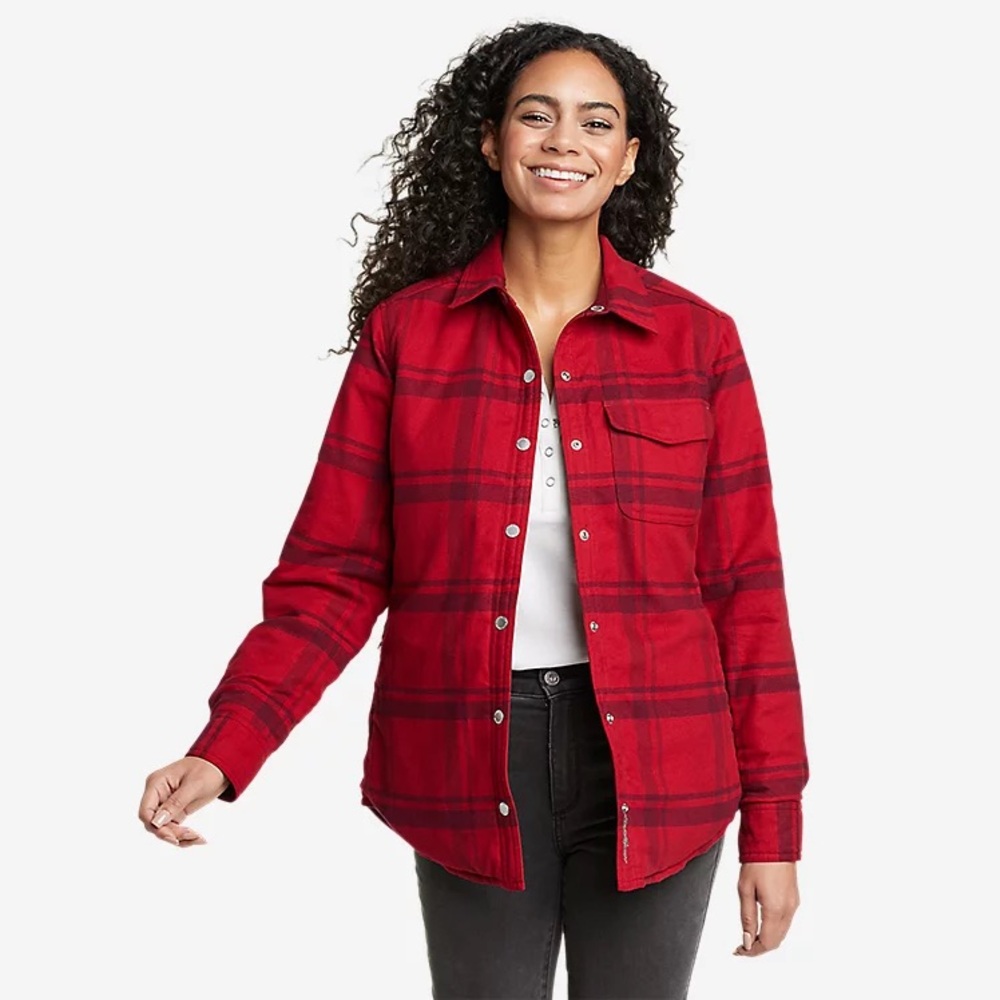 Eddie Bauer Wellspring red plaid flannel reversible quilted button front coat